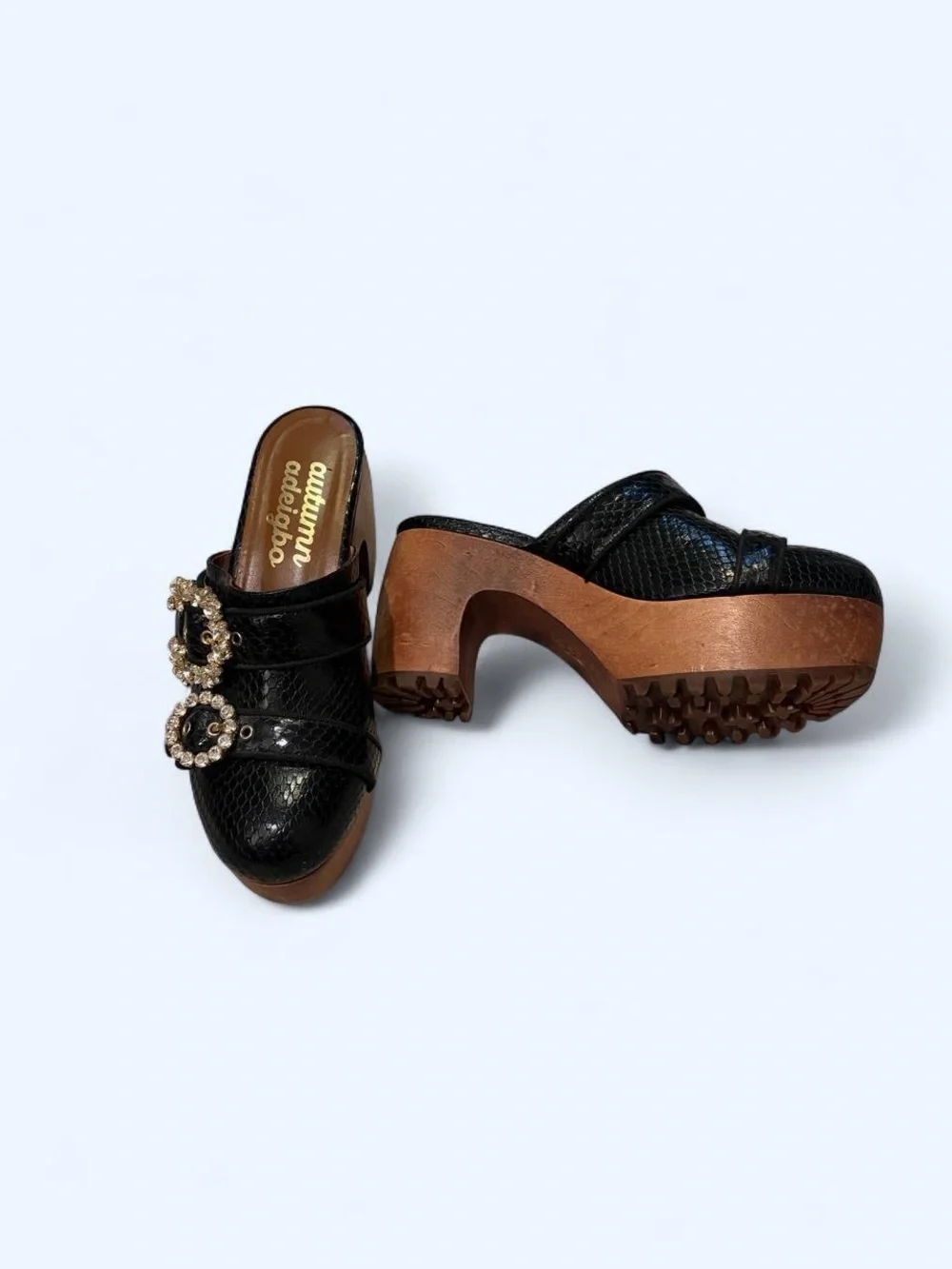 Autumn Adeigbo Black Snakeskin-Effect Clog Mules with Embellished Buckles 36